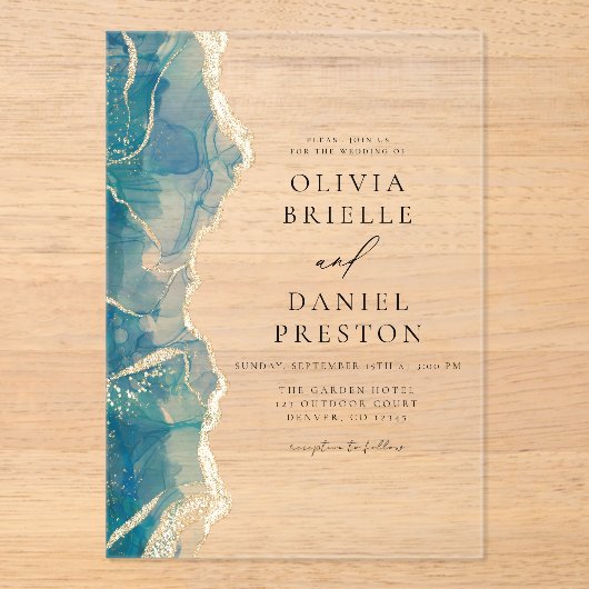 Invitations En Acrylique Turquoise Turquoise Blue Gold Agate Mariage élégan (Recto)