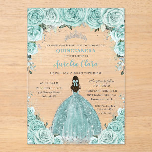 Invitations En Acrylique Turquoise Vert Floral Princess Argent Quinceañera