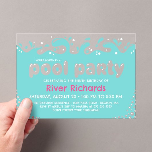 Invitations En Acrylique Turquoise Water Splashes Fille Anniversaire Pool P (In situ (ordinateur de poche))