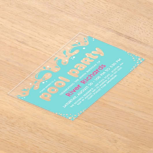 Invitations En Acrylique Turquoise Water Splashes Fille Anniversaire Pool P (Poser)