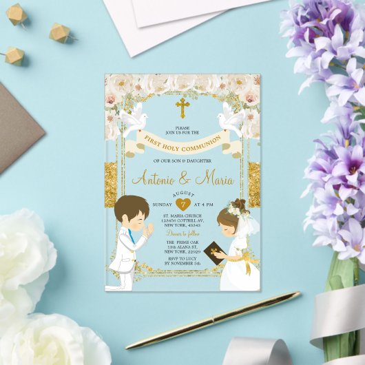 Invitations En Acrylique Twin Boy & Girl White Flower 1ère Sainte Communion (Insitu (Mariage))