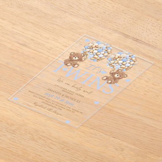 Invitations En Acrylique Twin Boys Blue Bear Baby shower (Poser)