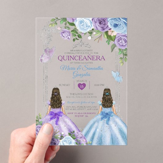 Invitations En Acrylique Twin Violet Et Bleu Papillon Argent Quinceañera (In situ (ordinateur de poche))