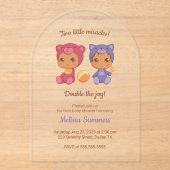 Invitations En Acrylique Twins Cat Bear Sexe Baby shower neutre (Recto)
