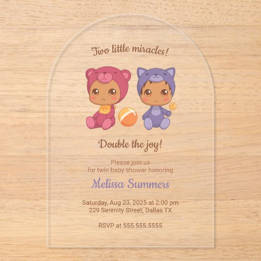 Invitations En Acrylique Twins Cat Bear Sexe Baby shower neutre (Recto)