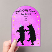 Invitations En Acrylique Two Dancing Black Bears Party Hats Gold Stars Pink (In situ (ordinateur de poche))
