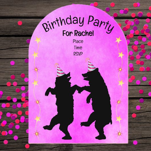 Invitations En Acrylique Two Dancing Black Bears Party Hats Gold Stars Pink