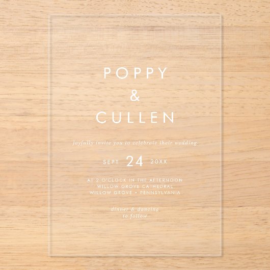 Invitations En Acrylique Typographie chic Blanc Moderne Boho Simple Mariage (Recto)