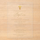 Invitations En Acrylique Typographie de script Gold Cross Chic Élégant Bapt (Recto)