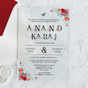 Invitations En Acrylique Typographie des roses rouges Anand Karaj Sikh Mari