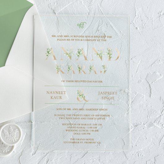 Invitations En Acrylique Typographie Feuille verte Anand Karaj Sikh Mariage