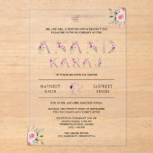 Invitations En Acrylique Typographie florale rose Anand Karaj Sikh Mariage (Recto)