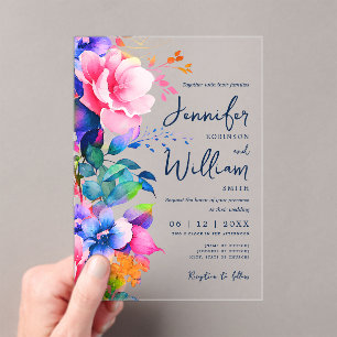 Invitations En Acrylique Typographie moderne Mariage Floral Arc-en-ciel