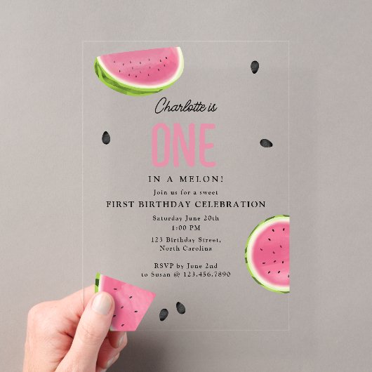 Invitations En Acrylique Un anniversaire d'été à la pastèque One in a Melon (In situ (ordinateur de poche))