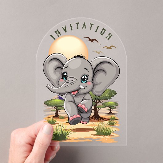 Invitations En Acrylique Un bébé éléphant qui sonne heureux dans la savane  (In situ (ordinateur de poche))