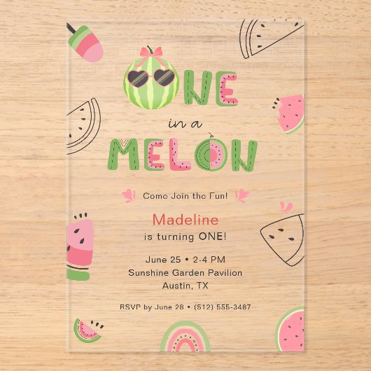 Invitations En Acrylique Un bébé fille pour un melon Pastèque Premier Anniv (Recto)