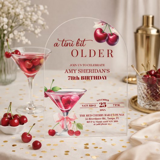 Invitations En Acrylique Un peu plus âgé Chic Cherry Martini 78e anniversai