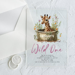 Invitations En Acrylique Une jolie girafe sauvage 1er anniversaire Boho Ani