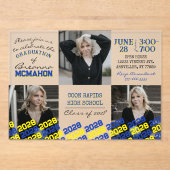 Invitations En Acrylique Unique Bleu & Jaune Graduation 3 Photo Frosted (Recto)