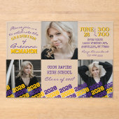 Invitations En Acrylique Unique Purple & Gold Graduation 3 Photo Frosted (Recto)
