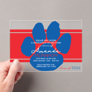 Invitations En Acrylique Unique Red & Blue Graduation Pawprint Élégant