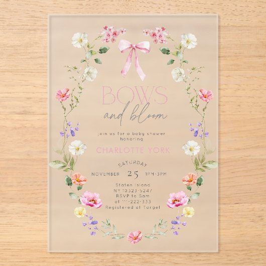 Invitations En Acrylique Vaches et fleurs Fleur sauvage Bow Baby shower ros (Recto)