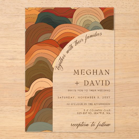 Invitations En Acrylique Vagues Abstraites rétro Mariage orange en terre cu (Recto)