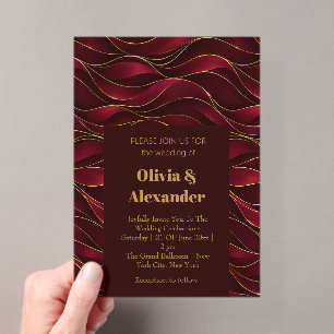 Invitations En Acrylique Vagues de marbre rouge burgundy élégantes avec acc