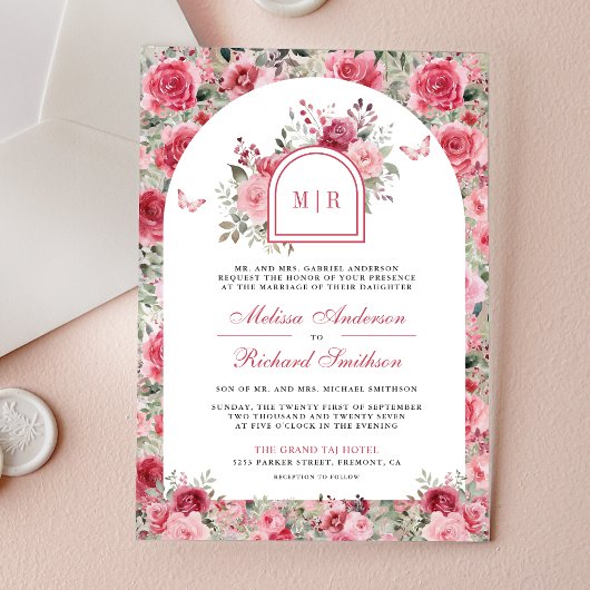 Invitations En Acrylique Valentine Pink Red Roses Butterfly Arch Wedding