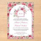 Invitations En Acrylique Valentine Pink Red Roses Butterfly Arch Wedding (Recto)