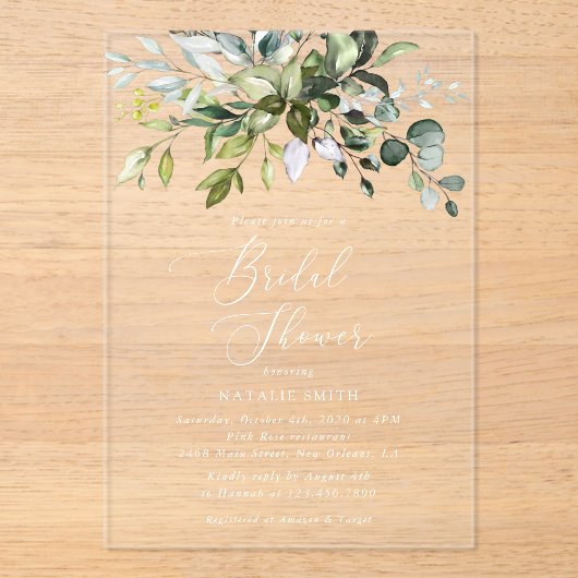 Invitations En Acrylique Verdure, Eucalyptus Feuilles, Boho, Fête des marié (Recto)