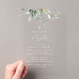 Invitations En Acrylique Verdure, Feuilles d'eucalyptus, Bohème, Baptême