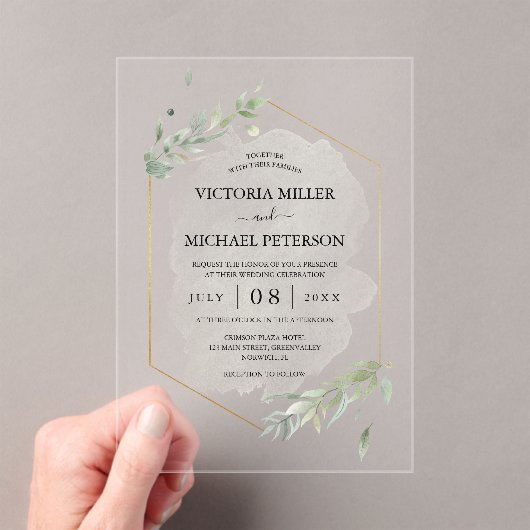 Invitations En Acrylique Verdure or Elegant Aquarelle Mariage de feuillage (In situ (ordinateur de poche))