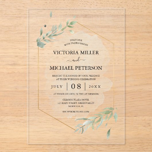 Invitations En Acrylique Verdure or Elegant Aquarelle Mariage de feuillage (Recto)