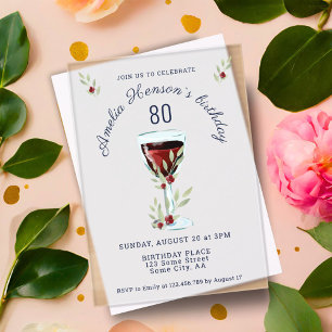 Invitations En Acrylique Verre à vin rouge rustique pour 80e anniversaire