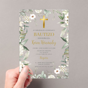 Invitations En Acrylique Vert acrylique fleurs blanches Baptême espagnol