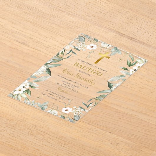 Invitations En Acrylique Vert acrylique fleurs blanches Baptême espagnol (Poser)