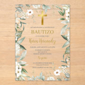 Invitations En Acrylique Vert acrylique fleurs blanches Baptême espagnol (Recto)