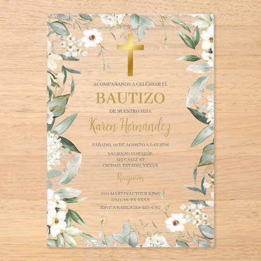 Invitations En Acrylique Vert acrylique fleurs blanches Baptême espagnol (Recto)