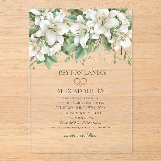 Invitations En Acrylique Vert Aquarelle Feuille Blanc Floral Or Mariage (Recto)