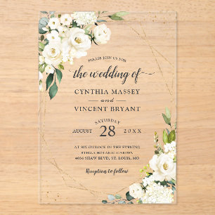 Invitations En Acrylique Vert Blanc Floral Or Mariage géométrique