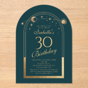 Invitations En Acrylique Vert Céleste Or Soleil Lune 30e Anniversaire