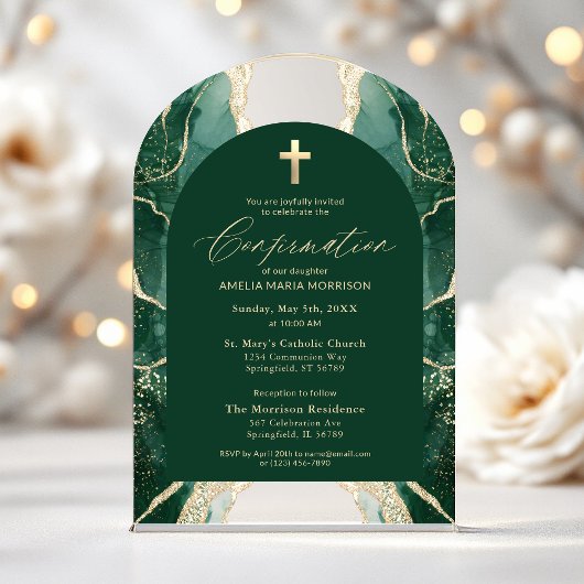 Invitations En Acrylique Vert émeraude Agate dorée Confirmation Moderne