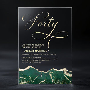 Invitations En Acrylique Vert émeraude Agate Or 40e Quarantième Anniversair
