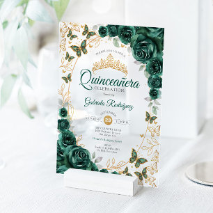 Invitations En Acrylique Vert Émeraude Or Fleur Quinceanera