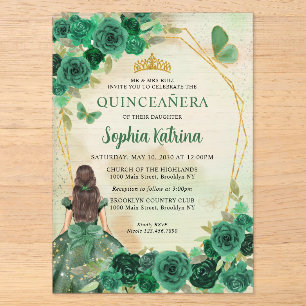 Invitations En Acrylique Vert Émeraude Or Floral Princesse Quinceañera