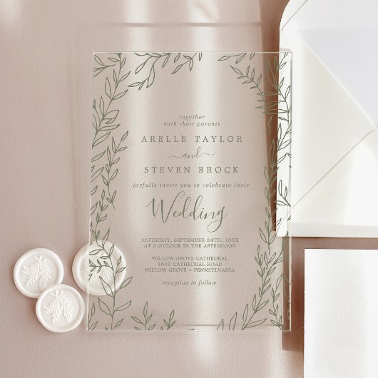 Invitations En Acrylique Vert feuille minimal verdure Élégant Mariage Boho