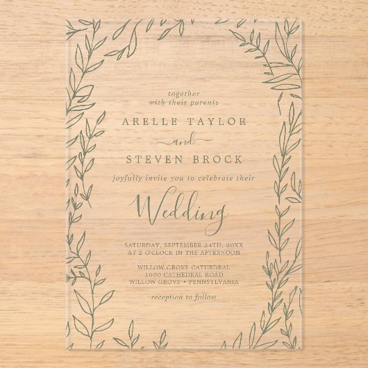 Invitations En Acrylique Vert feuille minimal verdure Élégant Mariage Boho (Recto)