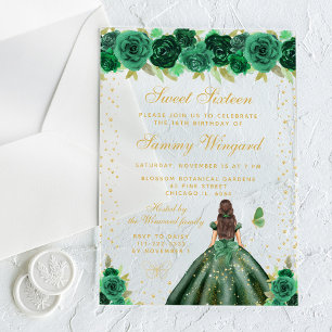 Invitations En Acrylique Vert Floral Brunette Cheveux Princesse Sweet sixte