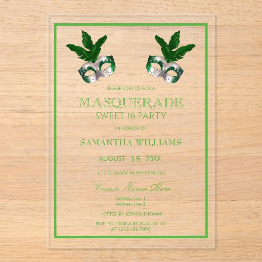 Invitations En Acrylique Vert Masquerade Sweet 16 (Recto)